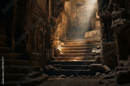 Weathered Ancient old stairs tomb. Structure light. Generate Ai