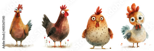 Cartoon chicken collection on transparent background. Watercolor illustrated book style. Farm animals