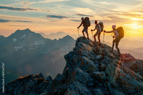 Hiker Assisting Friend to Reach Mountain Summit - Inspiring Teamwork and Achievement Vector © DesignViralHub