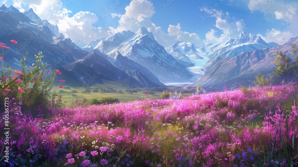 Bright purple blossoms flourish in a field behind imposing mountains in the distance. Generative Ai