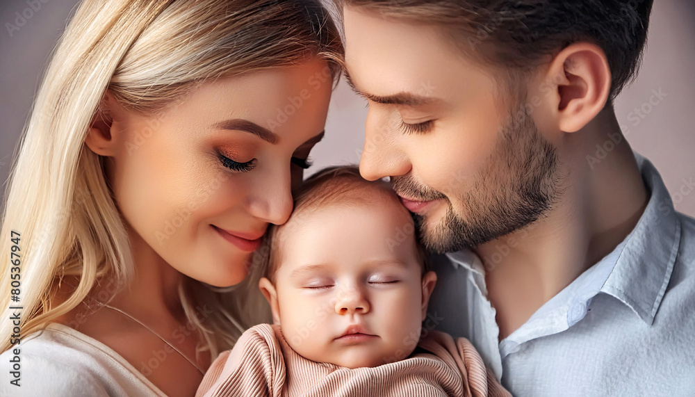 A serene portrait of parents with their happy, peaceful, and calm baby A serene portrait of parents with their happy, peaceful, and calm baby