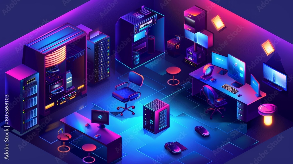 The date center isometric concept modern illustration shows a server room with hardware racks or web hosting infrastructure icons, database storage technology, cloud computing services, and web