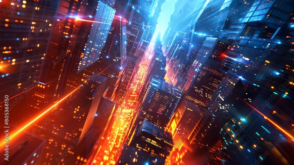 Craft an image blending geometry and neon lights for a futuristic and vibrant urban landscape