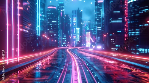 Craft an image blending geometry and neon lights for a futuristic and vibrant urban landscape