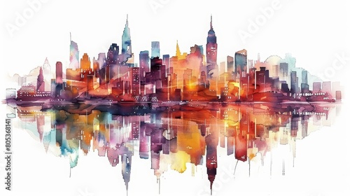 This watercolor painting captures a night scene of a city skyline reflected in the river, Clipart minimal watercolor isolated on white background