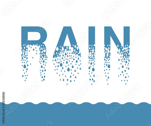 The word "Rain" dissolves into droplets. Drops of liquid fall out as precipitation. Destruction effect. Dispersion