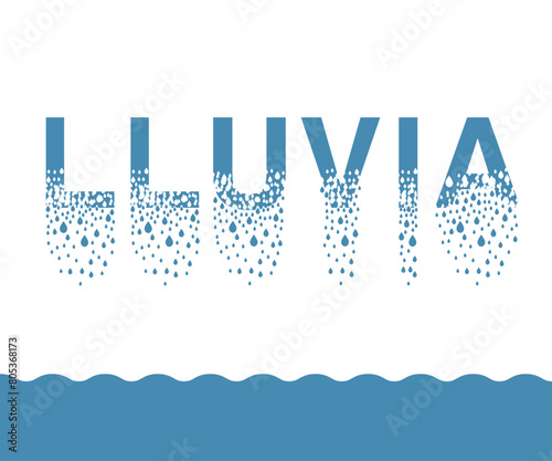 The word "Rain" in Spanish dissolves into droplets. Drops of liquid fall out as precipitation. Destruction effect. Dispersion