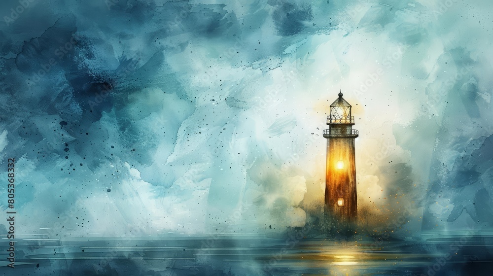 This watercolor painting depicts a quaint lighthouse guiding ships on a stormy night, Clipart minimal watercolor isolated on white background