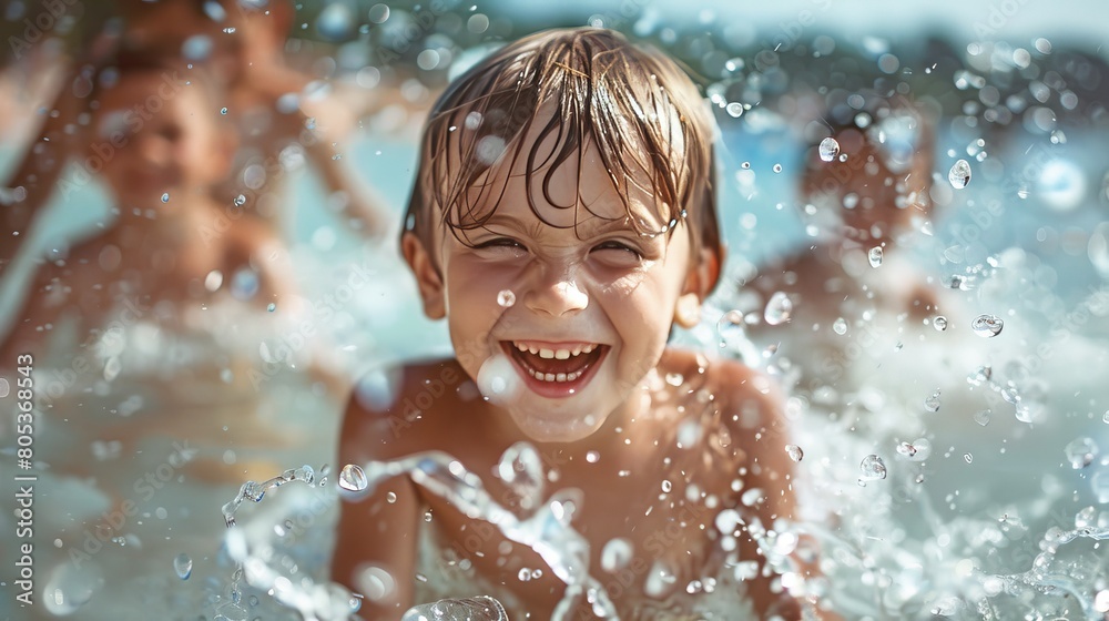 Craft an image capturing the joy of children splashing in clear waters Craft an image capturing the joy of children splashing in clear waters