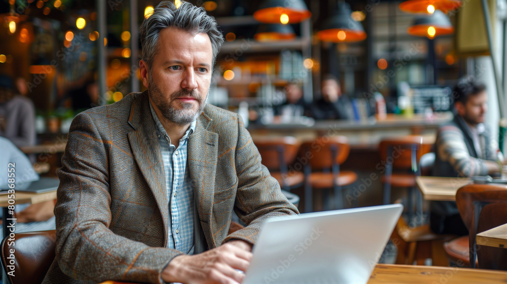 Portrait of handsome Businessman using computer laptop in cafe