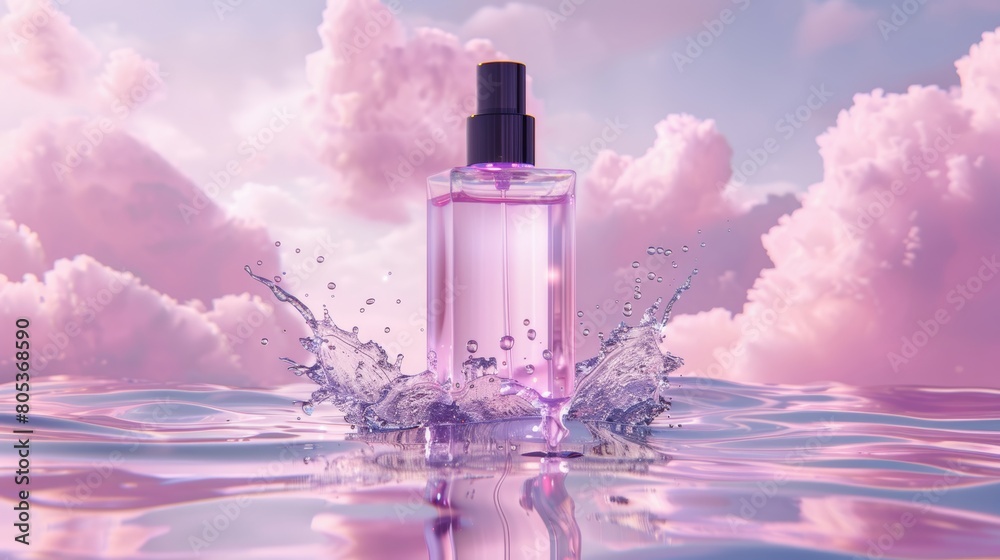 An illustration of a cosmetics perfume bottle on splashing water and circles on a pink cloudy sky background. A realistic 3D illustration of a spray tube packaging for cosmetic products. An illustration of a cosmetics perfume bottle on splashing water and circles on a pink cloudy sky background. A realistic 3D illustration of a spray tube packaging for cosmetic products.