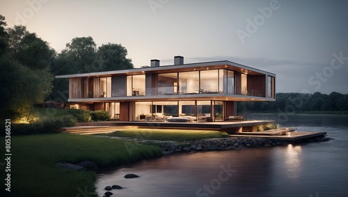 3d rendering of modern house by the river at evening © Nature Creative