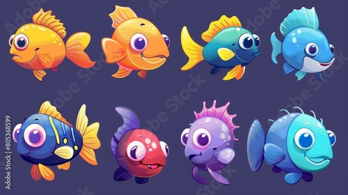 Set of tropical colorful aquarium fishes with big eyes and smiling faces, characters for computer games, goldfish, wild angler, puffer Cartoon modern illustration © Mark