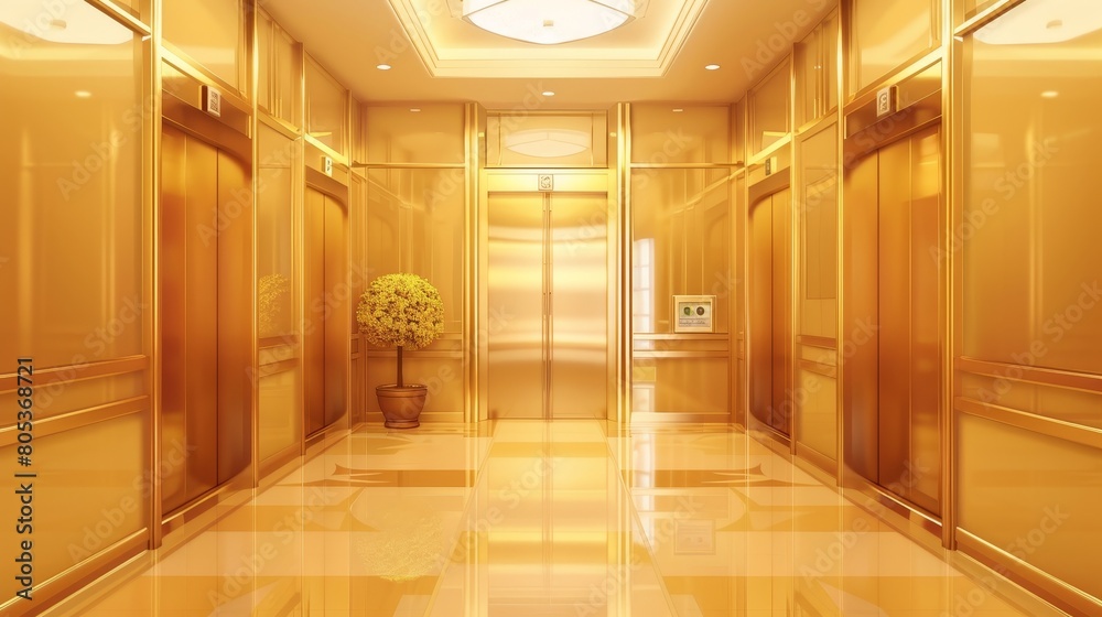 The elevator doors are golden with ajar and open, opening and closing as required. The elevator interior is empty with gold cabins for passengers or cargo, a fully functional button panel, floor The elevator doors are golden with ajar and open, opening and closing as required. The elevator interior is empty with gold cabins for passengers or cargo, a fully functional button panel, floor