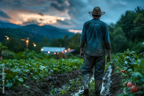 Capturing a farmer with muddy boots and a straw hat, this photo shows him walking through a vegetable garden at dusk, reflecting on the day's labor.