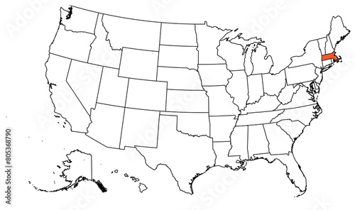The outline of the US map with state borders. The US state of Massachusetts