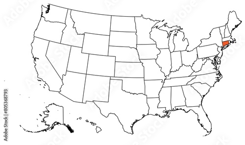 The outline of the US map with state borders. The US state of Connecticut