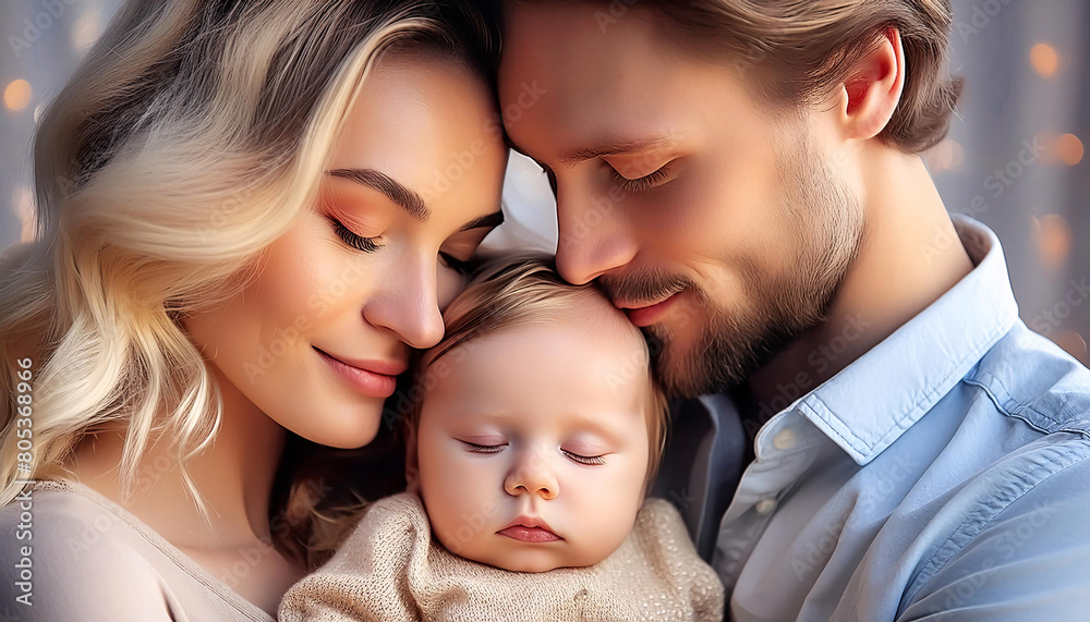 A serene portrait of parents with their happy, peaceful, and calm baby A serene portrait of parents with their happy, peaceful, and calm baby