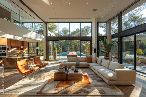A contemporary living room with a plush sofa and chair arrangement  accented by bold geometric patterns and bathed in natural light from floor-to-ceiling windows.