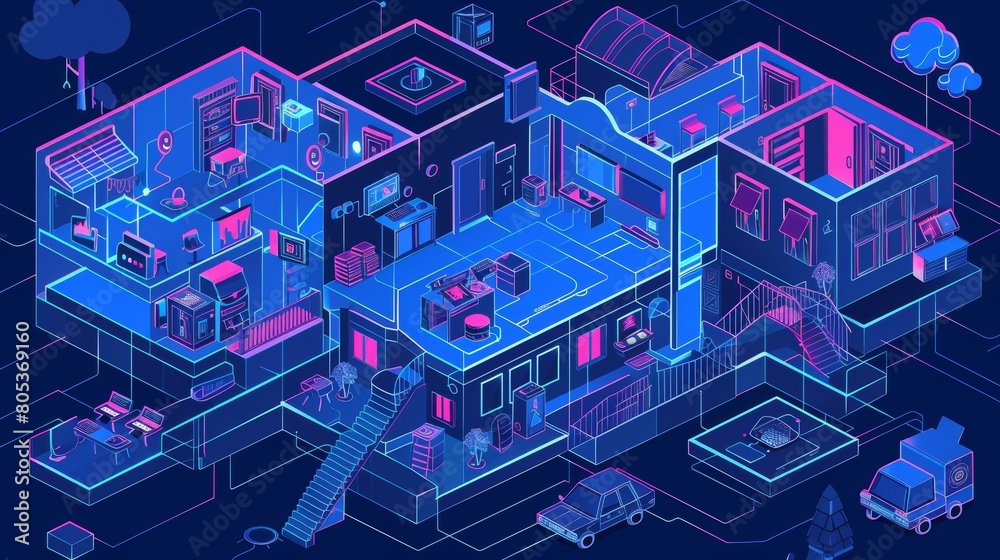 An internet of things banner display with interface for home control, a modern illustration, a line art landing page. An internet of things banner display with interface for home control, a modern illustration, a line art landing page.