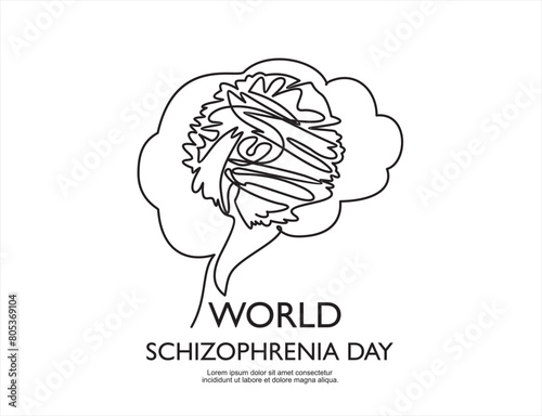 The brain of a person with schizophrenia. Mental disorder. World Schizophrenia Day. One line drawing for different uses. Vector illustration