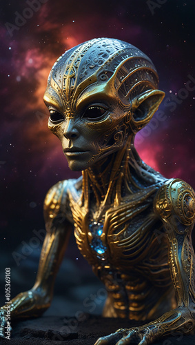 a strange space alien creature, with a golden metallic color and crystal elements 08