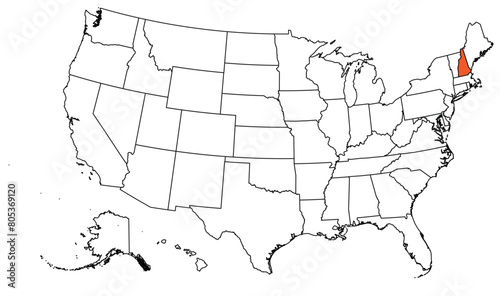The outline of the US map with state borders. The US state of New Hampshire