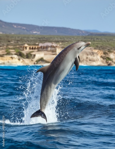 Close-up of dolphins jumping out of deep blue sea 