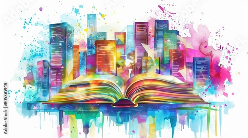 Venture into a futuristic library in a Kawaii creative futuristic charismatic water color painting photo