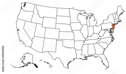 The outline of the US map with state borders. The US state of New Jersey