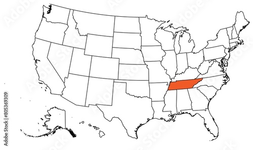 The outline of the US map with state borders. The US state of Tennessee