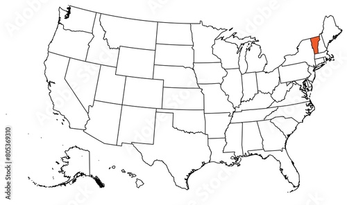 The outline of the US map with state borders. The US state of Vermont