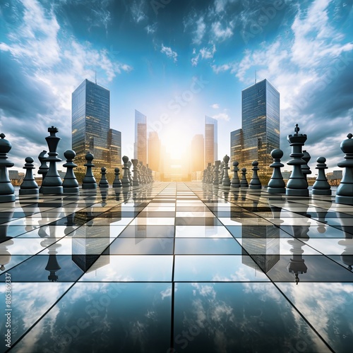 Chessboard scenario blending into a surreal business skyline, abstract and symmetrical, symbolizing competition and strategy