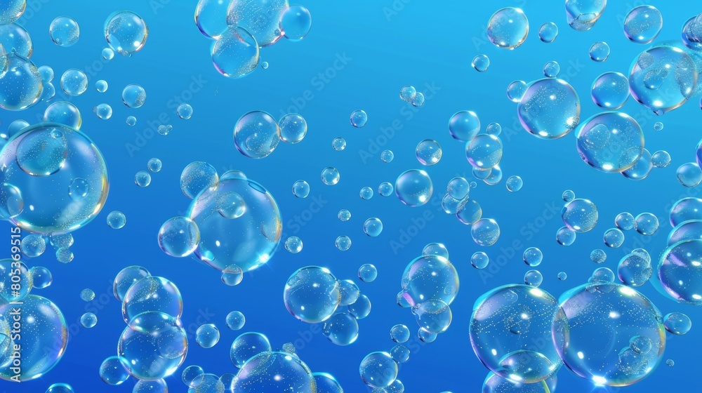 A realistic 3D modern of a soda bubble, champagne, air fizzing, carbonated drink and underwater abstract background. Innovative animation, transparent aqua with fizzing moisture drops randomly