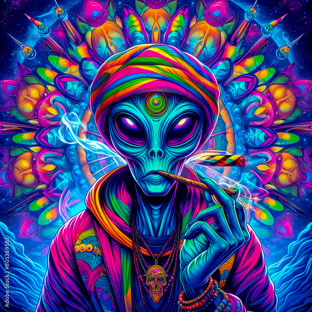 digital art vibrant colorful psychedelic cool hiphop alien smoking a blunt