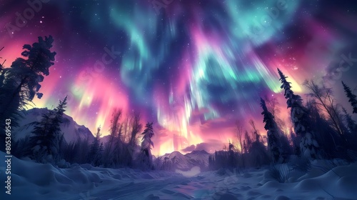 nothern lights glowing trough the forest and sky