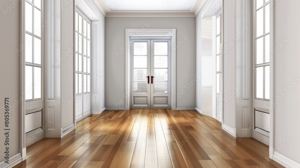 Hallway interior with window and door with glass panels. Empty modern room inside view. A realistic 3d modern illustration of an interior hallway with white walls and wooden floor. Hallway interior with window and door with glass panels. Empty modern room inside view. A realistic 3d modern illustration of an interior hallway with white walls and wooden floor.