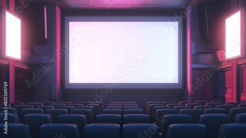Movie theater screen, lightbox in movie hall, rows of seats. A white glowing display for video presentation. 3D modern empty plasma panel with realistic lighting and reflections.