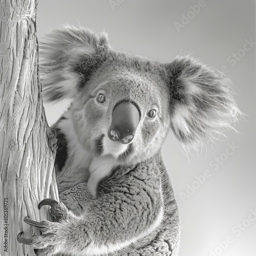 Black and white illustration with an animal - koala. 8K resolution.