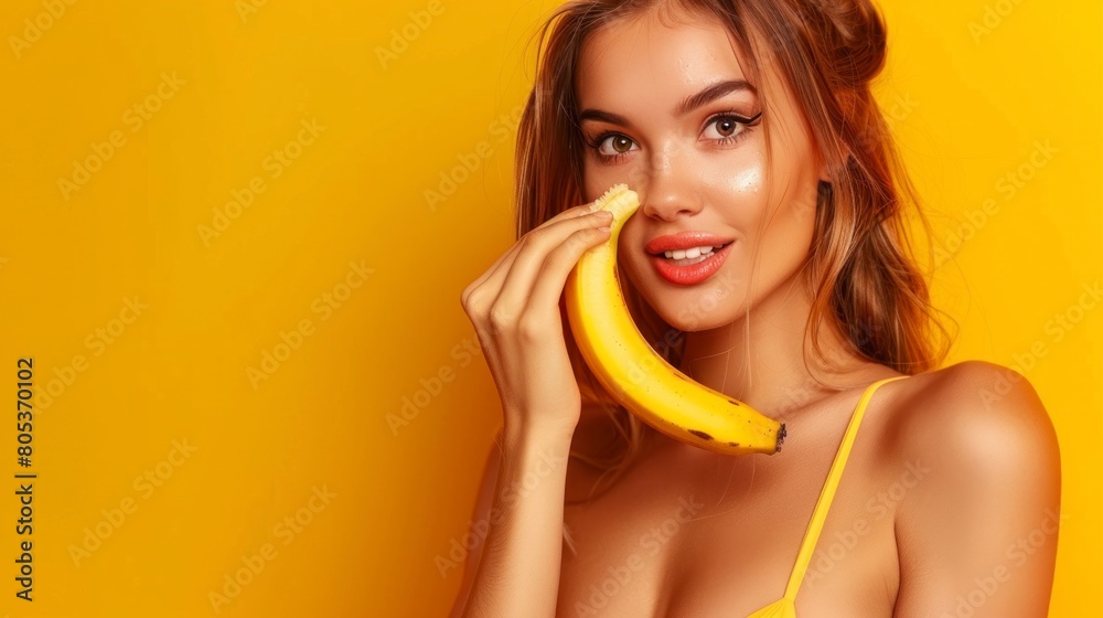 beautiful woman holding a banana in a sexy way on bright yellow background in high resolution beautiful woman holding a banana in a sexy way on bright yellow background in high resolution