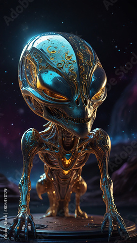 a strange space alien creature, with a golden metallic color and crystal elements 09