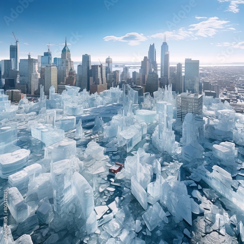 A frozen city with skyscrapers made of ice and snow photo