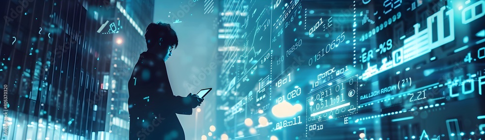 Obraz premium A digital background of business people using mobile phones and laptops, displaying data visualizations such as graphs and charts with numbers