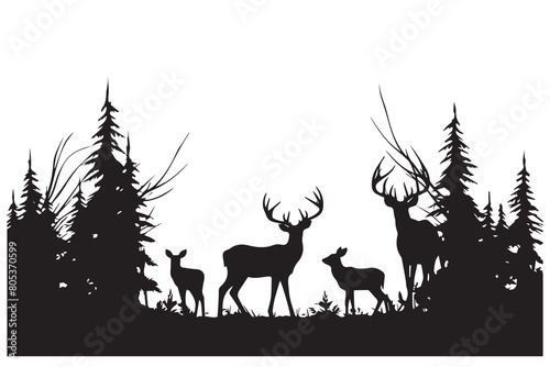 Black silhouette of deer family with baby and forest fir trees wildlife adventure