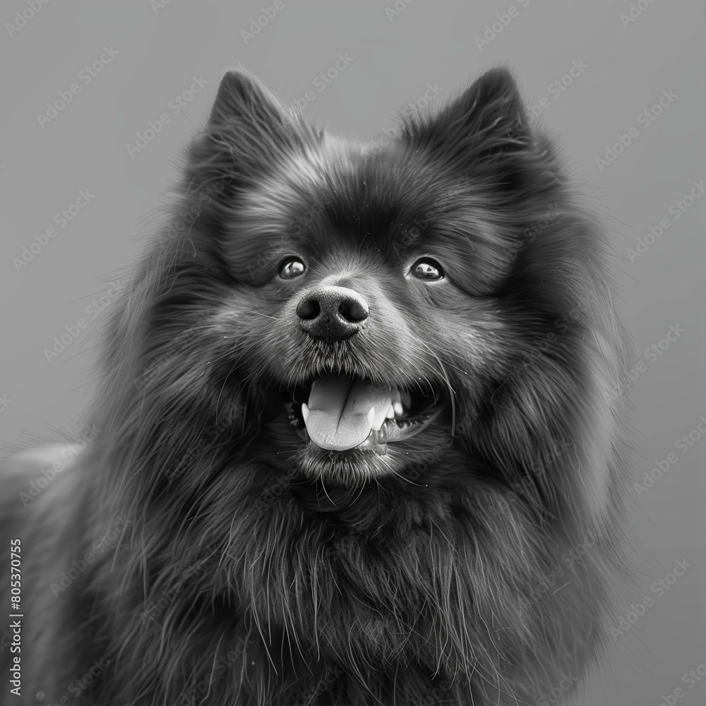 Black and white illustration with an animal - dog, Keeshond. 8K resolution. Black and white illustration with an animal - dog, Keeshond. 8K resolution.