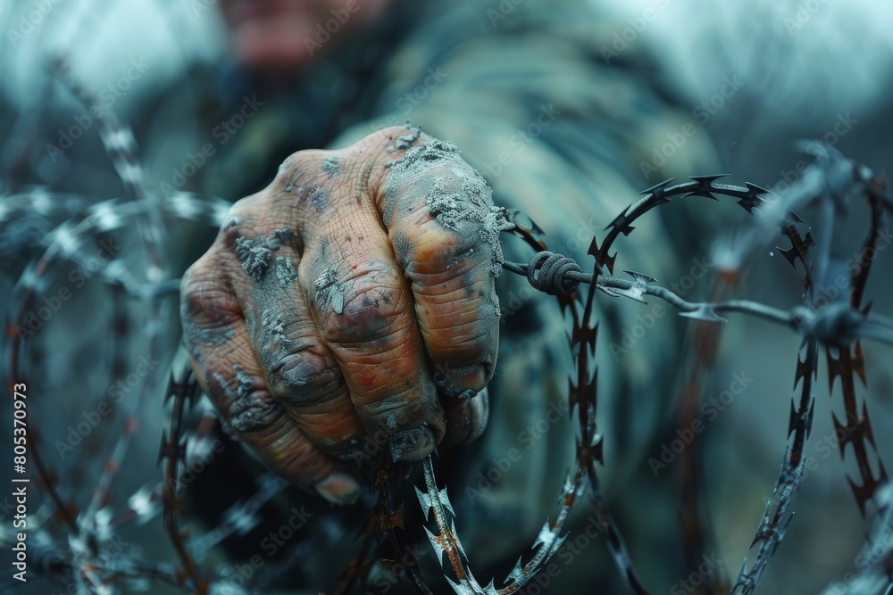 Gloved hand depicted reaching through a tangle of sharp barbed wire in a symbolic manner Gloved hand depicted reaching through a tangle of sharp barbed wire in a symbolic manner