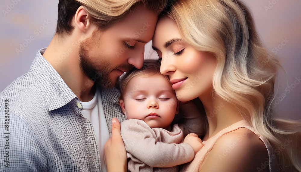 A serene portrait of parents with their happy, peaceful, and calm baby A serene portrait of parents with their happy, peaceful, and calm baby
