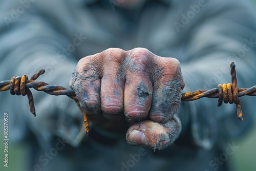 A powerful close-up shot of soiled, rough hands gripping onto a strand of rusty barbed wire