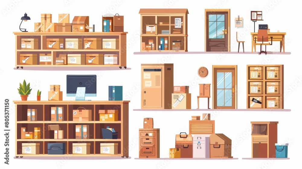 Detailed modern interior set of services for delivery and storage of mail and orders, with parcels on shelves, cardboard boxes, computer, and mailbox. Detailed modern interior set of services for delivery and storage of mail and orders, with parcels on shelves, cardboard boxes, computer, and mailbox.