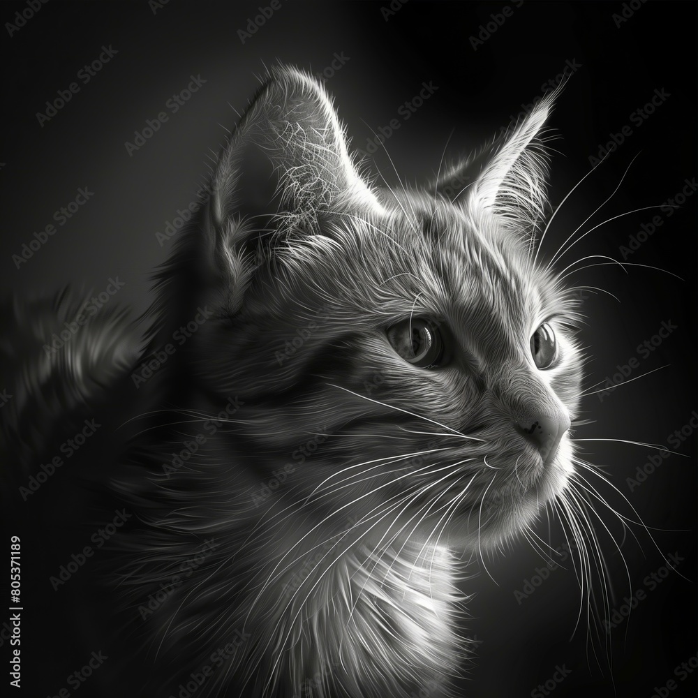 Black and white illustration with an animal - cat. 8K resolution. Black and white illustration with an animal - cat. 8K resolution.